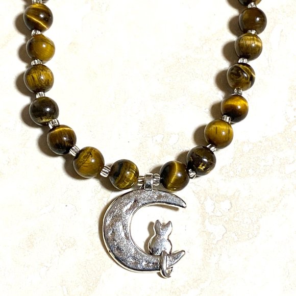 Tigers Eye Silver Cat on the Moon Necklace, Genuine Gemstone Beaded Necklace - Picture 7 of 10
